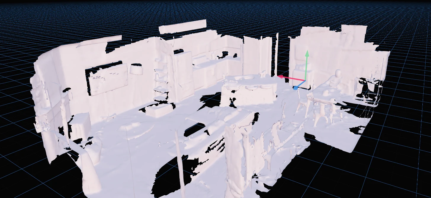 Untextured mesh of an apartment with a kitchen, living room and dining area, built in the MultiSet app on an Android phone with no LiDAR sensor.