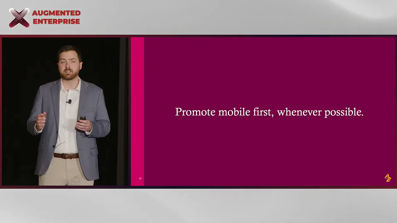 Danny Allen presenting at the Augmented Enterprise Summit 2026 beside a slide reading Promote mobile first, whenever possible
