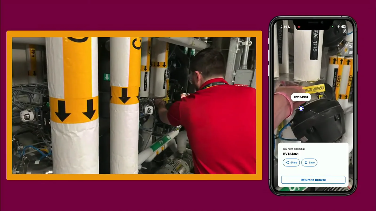 A technician with his hand on valve HV134361 while the phone view shows the app's label for HV134361 beside the valve's own printed tag, with an arrival card below