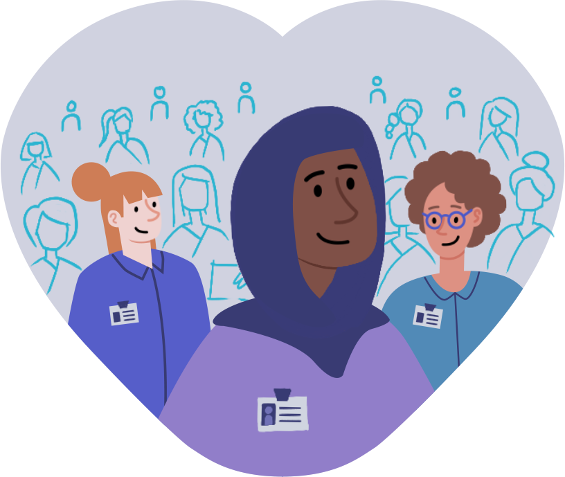 Illustration of three diverse women GPs with ID badges standing in front of a crowd, all inside a heart shape.