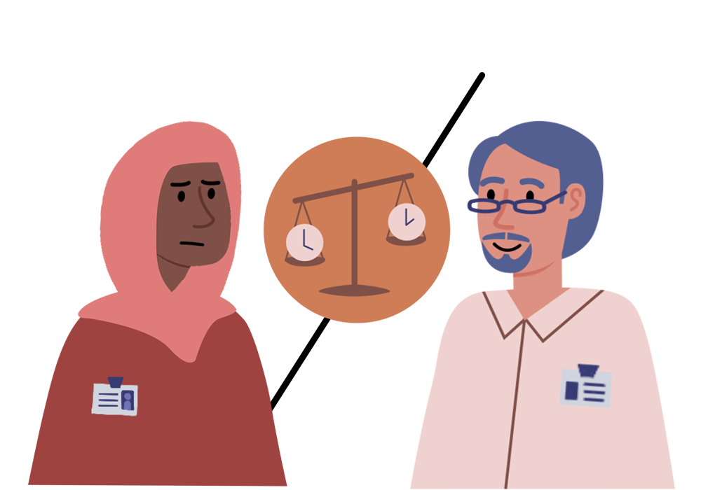 Illustration of two healthcare professionals wearing badges, a diagonal line separating them with a balance scale showing clocks, symbolising unbalanced time.