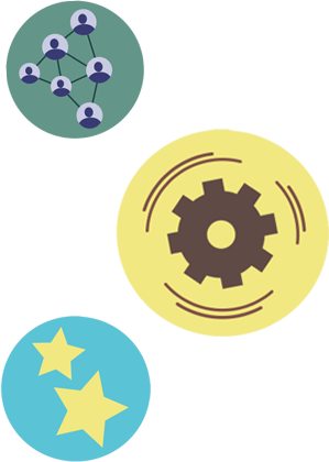 Three circular icons showing a network of people, a rotating gear, and two stars on coloured backgrounds.