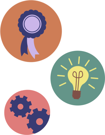 Three colourful circular icons featuring a ribbon badge, a glowing light bulb, and two gears.
