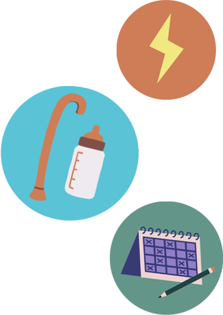 Illustration of a cane and baby bottle inside a blue square, a lightning bolt inside a brown circle, and a calendar with a pencil inside a green circle.