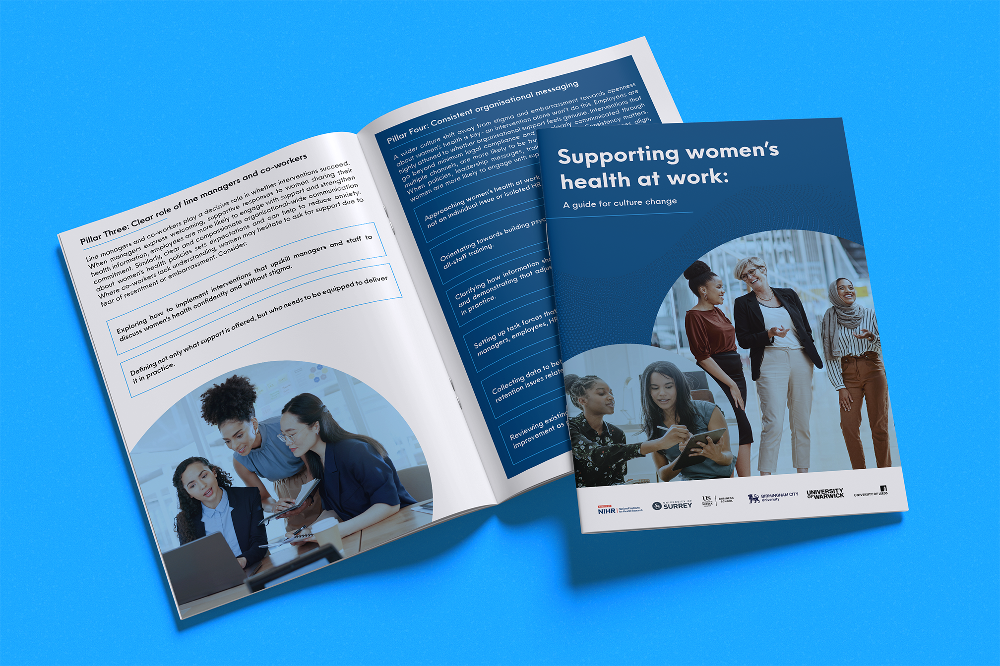 Open booklet titled 'Supporting women's health at work: A guide for culture change' with images of diverse women discussing and walking together.