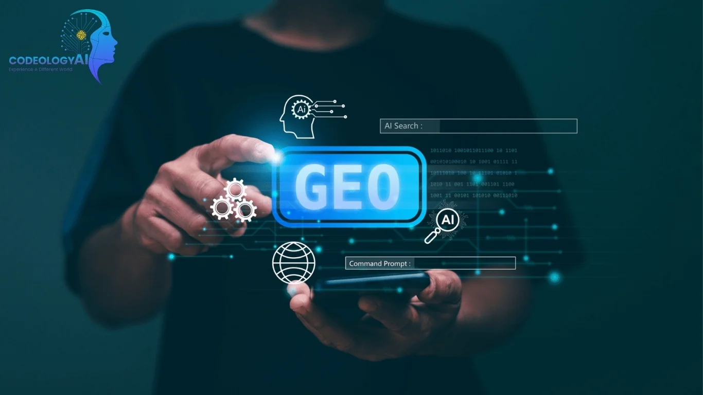 Person holding a smartphone with digital icons and the word 'GEO' glowing above the device, surrounded by AI and search-related graphics.
