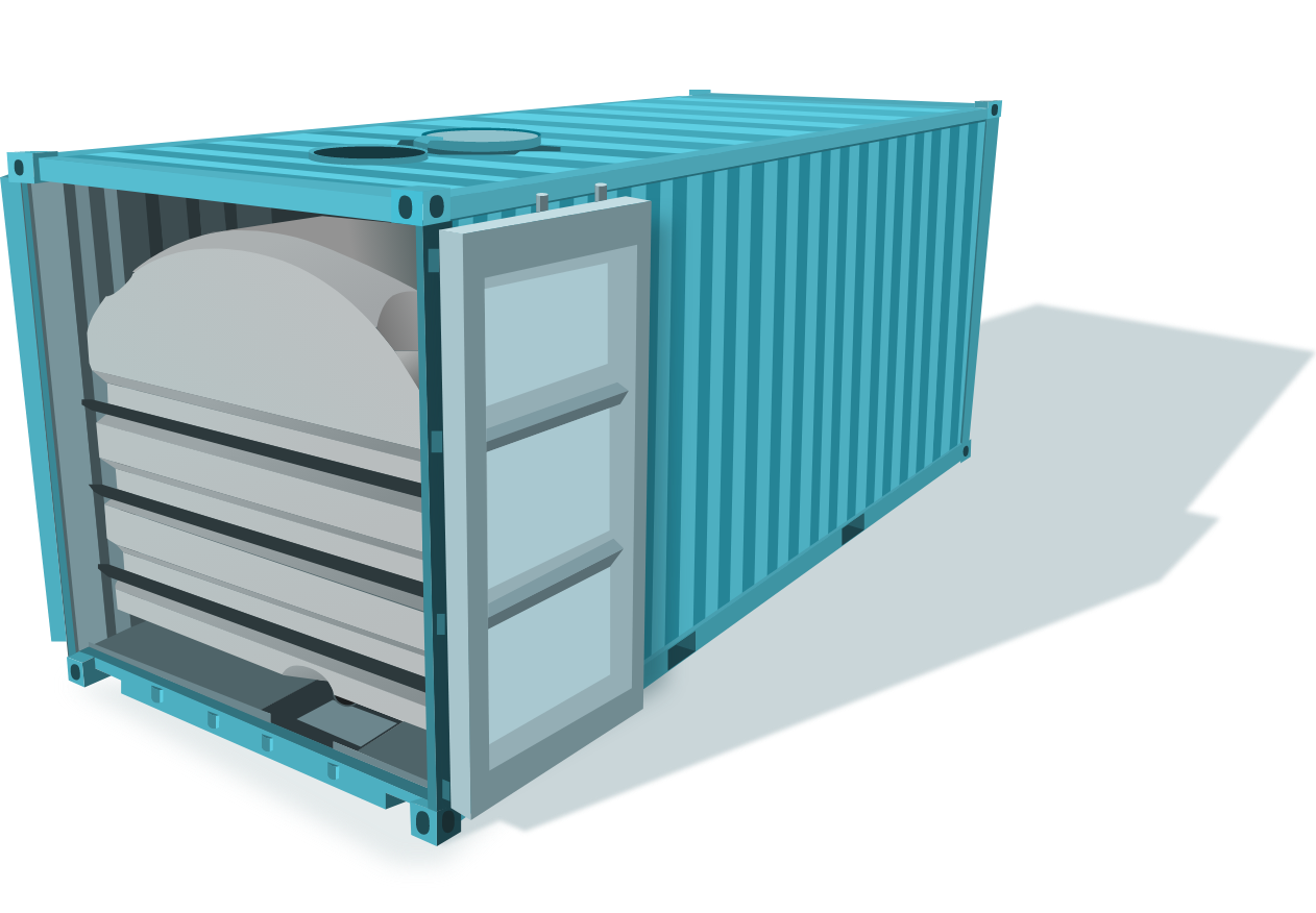 Plastic Tank placed inside of shipping container