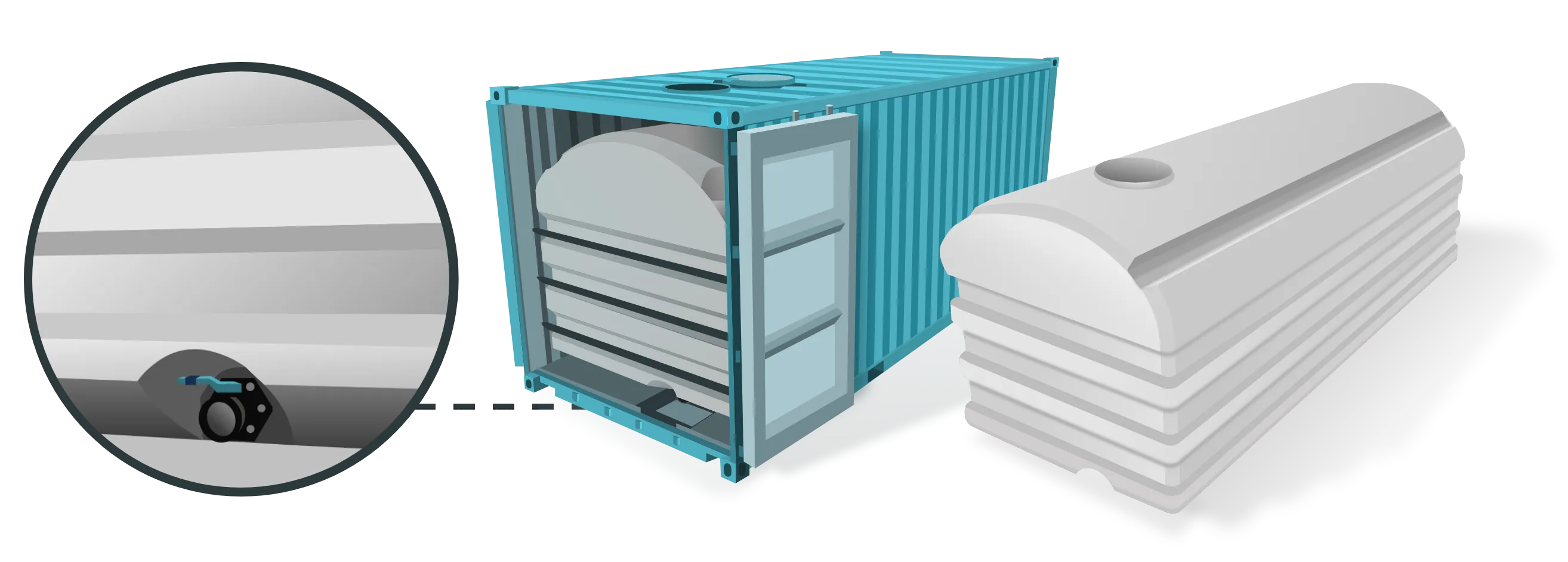 Plastic Tank placed inside of shipping container showing magnified discharge valve at the bottom