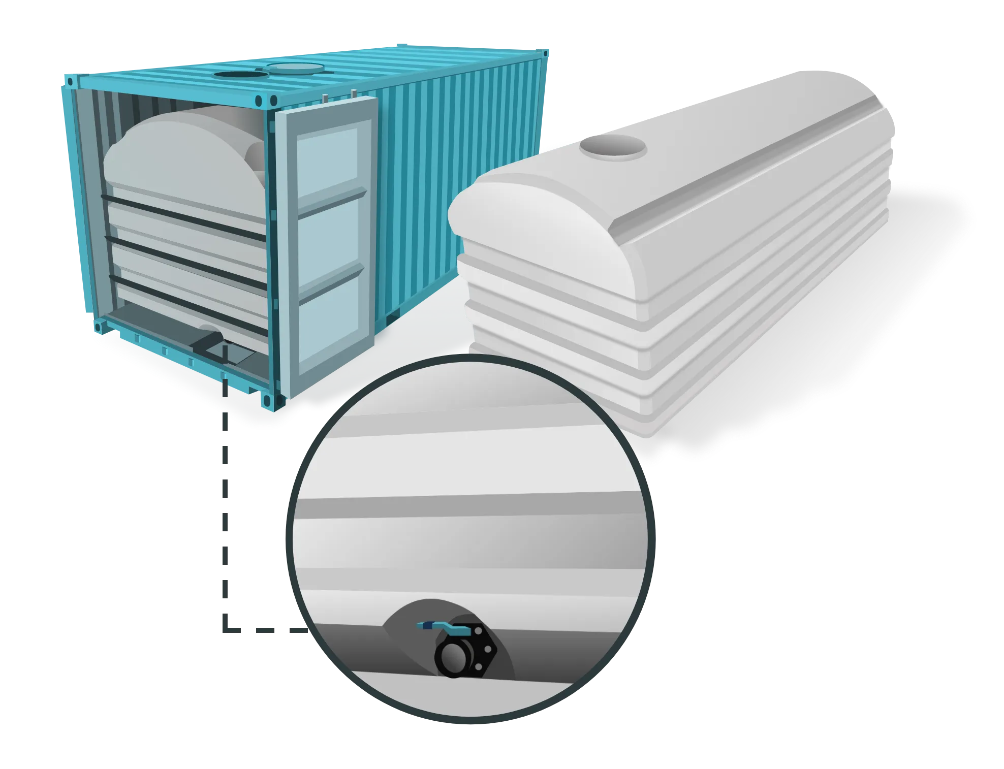 Plastic Tank placed inside of shipping container showing magnified discharge valve at the bottom