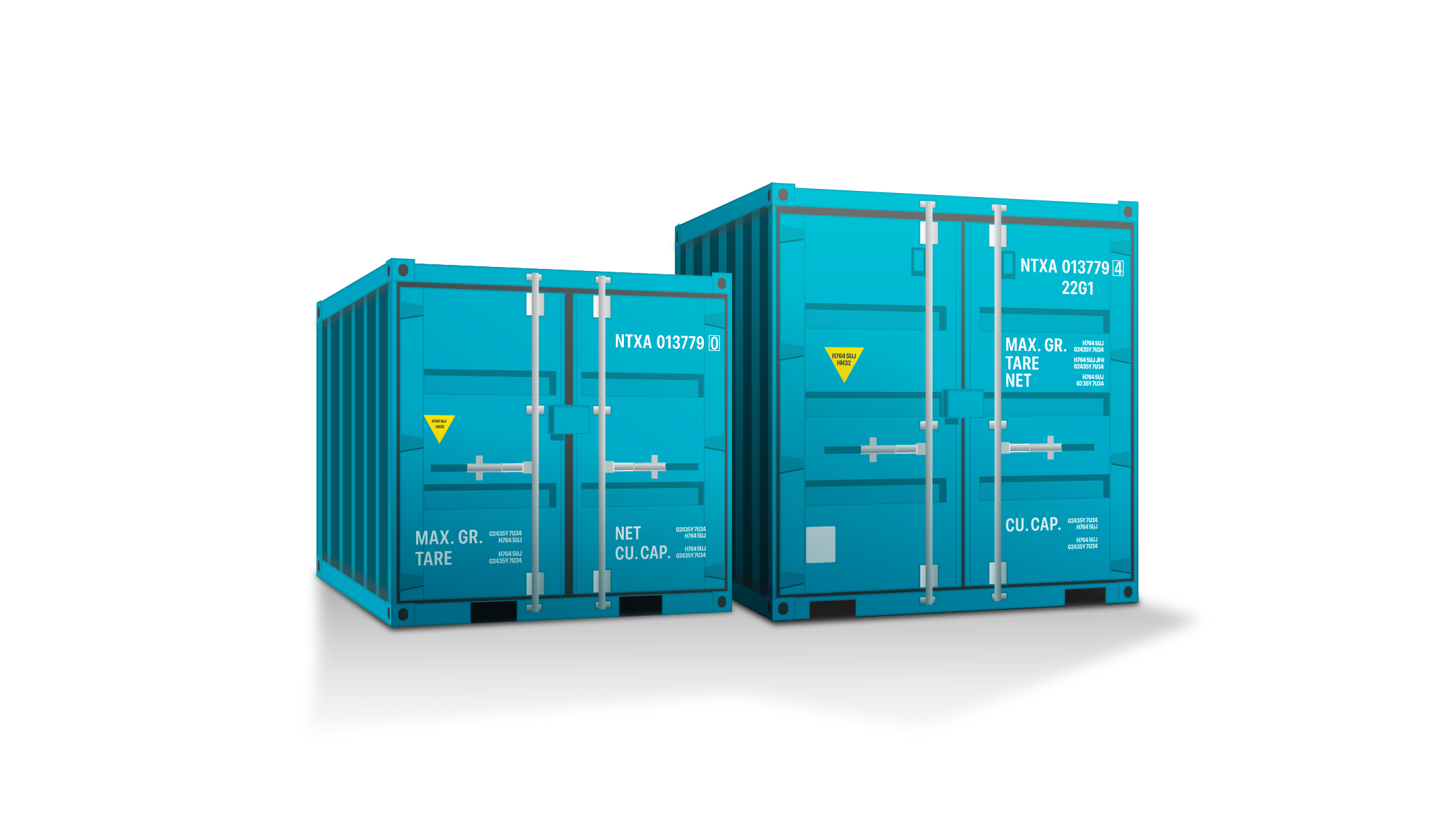 Two blue shipping containers side by side with metal locking bars and white text markings.