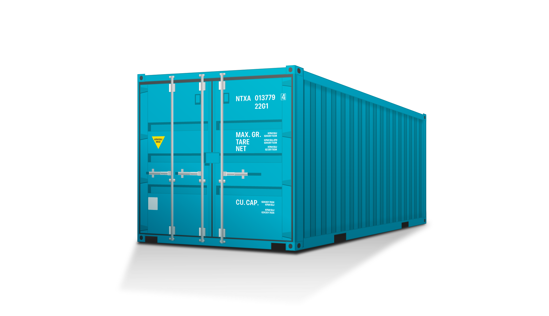 Blue shipping container with closed double doors casting a shadow.