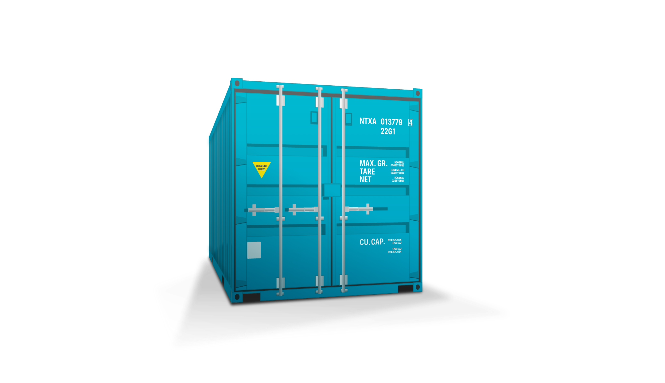 Blue shipping container viewed from the back with metal locking bars and white identification markings.