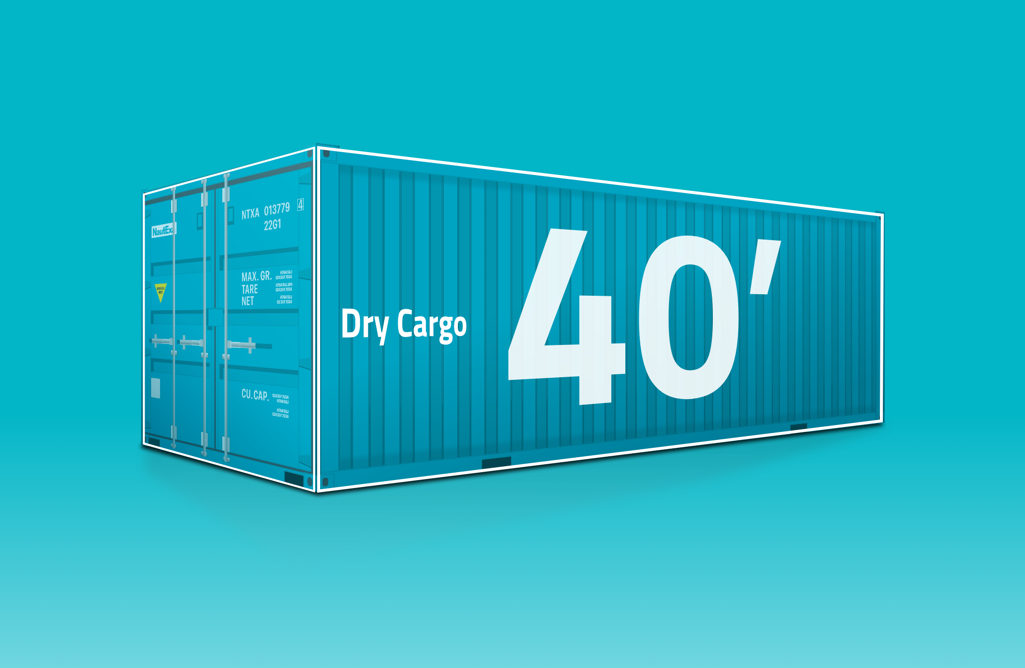 Blue 40-foot dry cargo shipping container with white text on a gradient blue background.