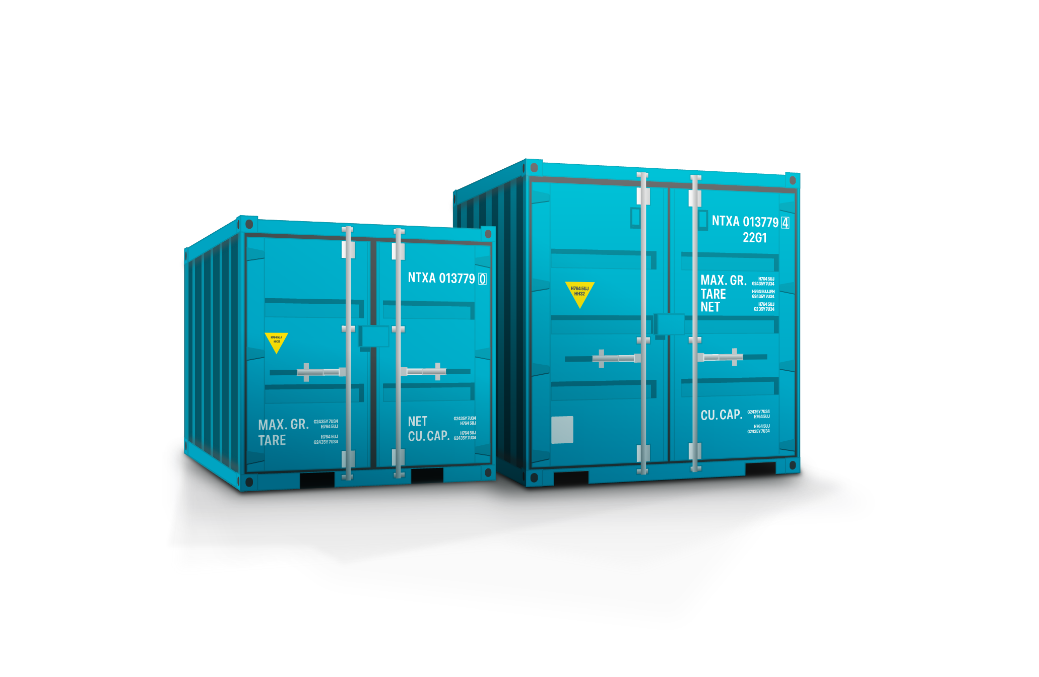 Two blue shipping containers with closed double doors and white identification markings on a white background.