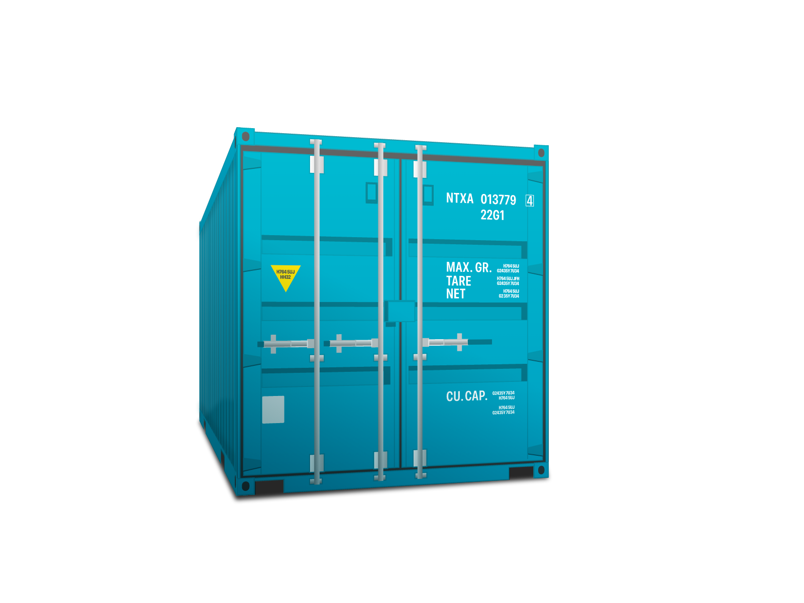 Blue shipping container with closed rear doors and metal locking bars casting a shadow on the ground.