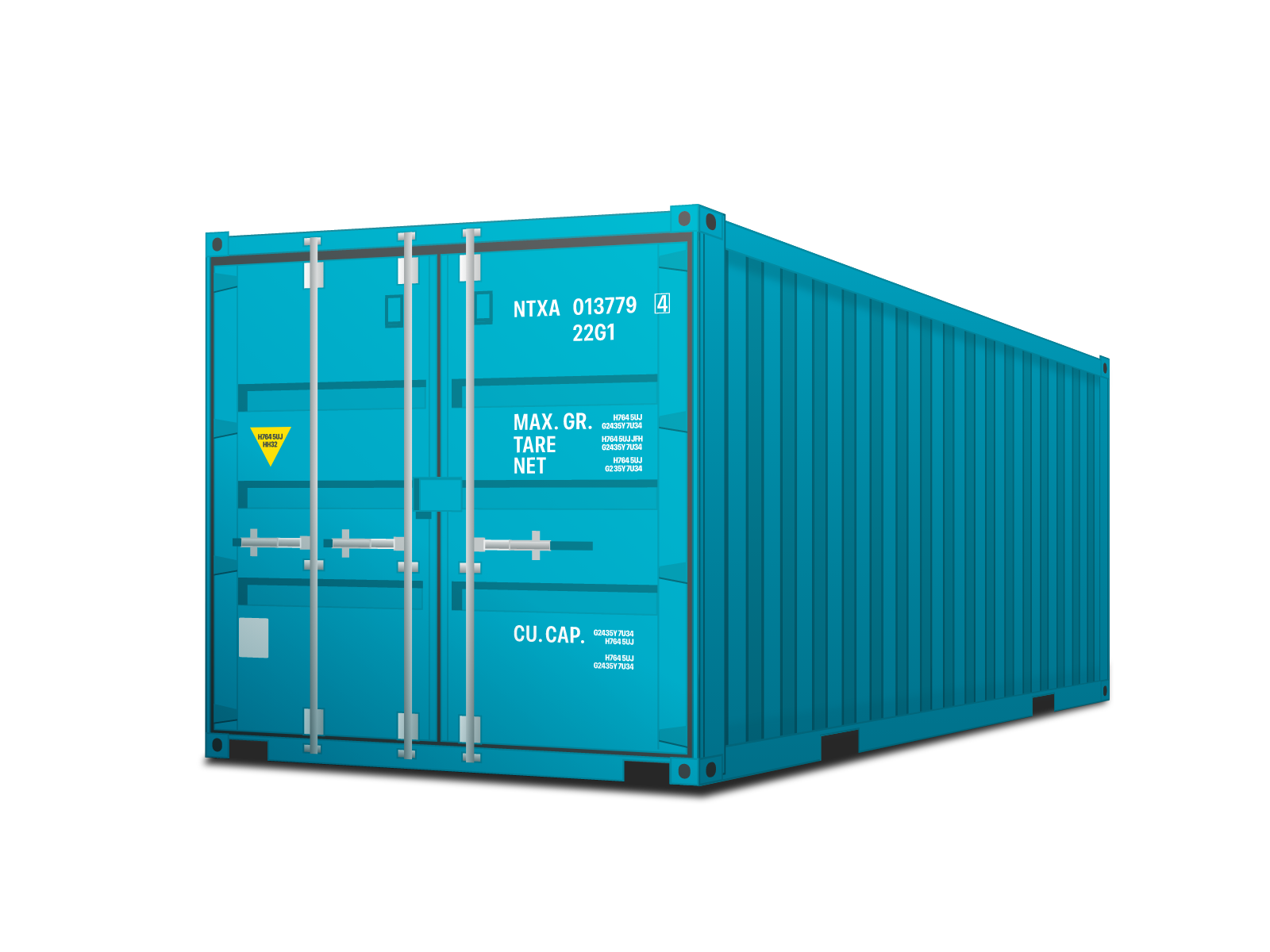 Blue shipping container viewed from rear corner with closed double doors and locking bars.