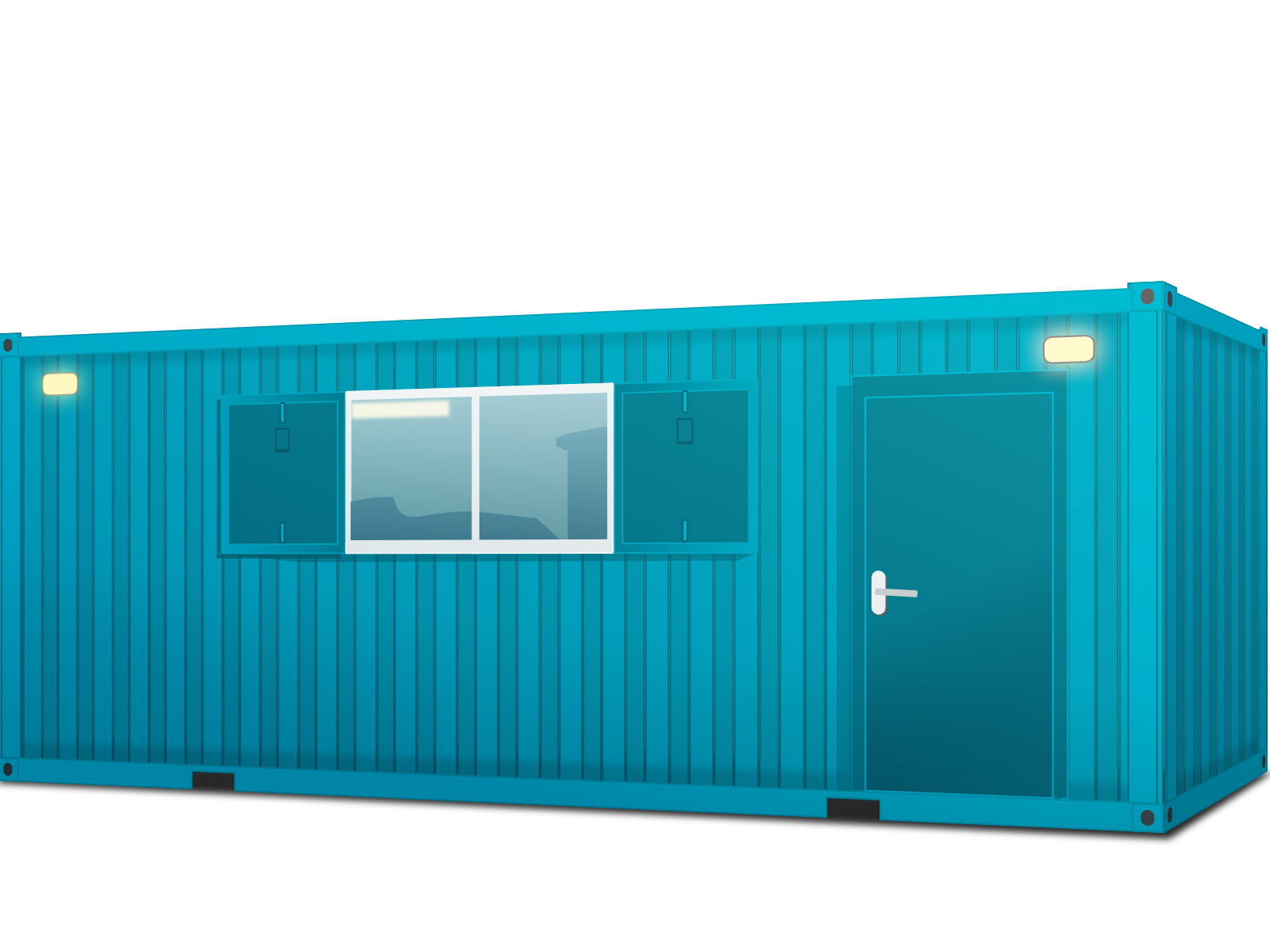 Blue shipping container converted into a structure with two exterior lights, a door, and a window with closed shutters.