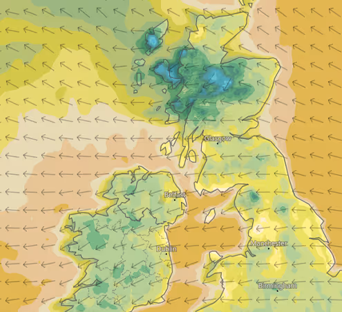 Wind map with wind speed and direction arrows