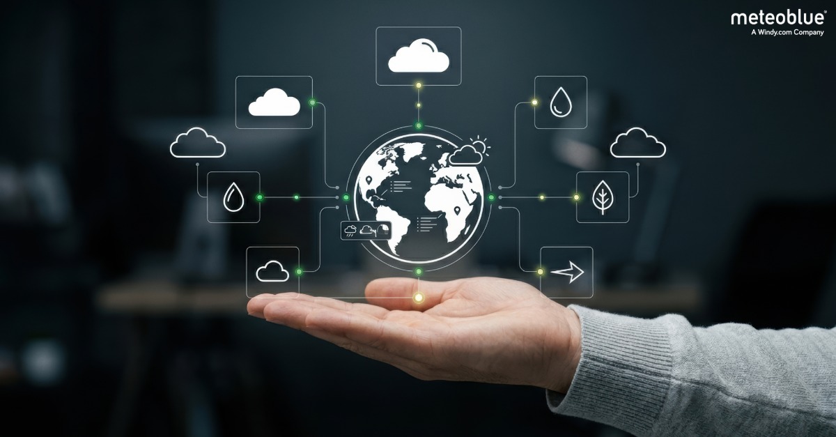 Illustration of business weather data integration, showing global weather forecasts, cloud, precipitation and wind icons connected to a digital globe, representing weather APIs and environmental intelligence for business applications.