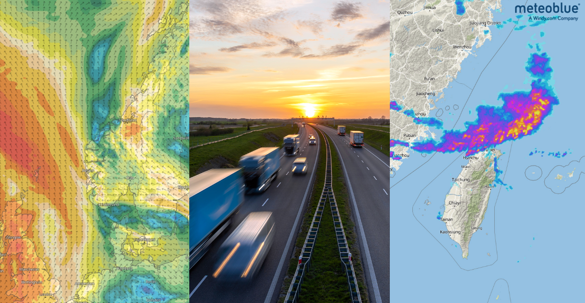 Weather nowcasting and forecasting illustrated with wind maps, road traffic and precipitation radar data, highlighting real-time weather applications.