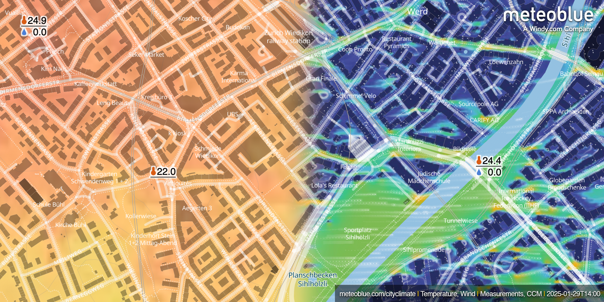 meteoblue high-resolution urban climate map of Zurich showing detailed temperature patterns across streets, buildings, green spaces and neighbourhoods.