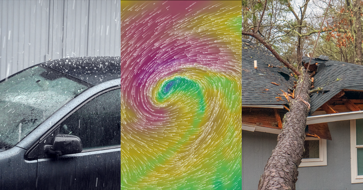 Composite image showing hail striking a car, a meteoblue wind map of a rotating storm system, and a fallen tree damaging a house roof, illustrating severe weather, property damage and insurance claims assessment.