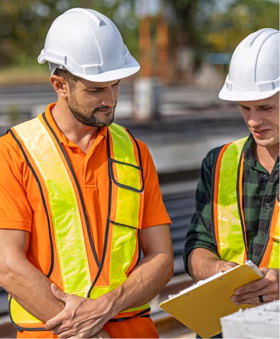 Two construction workers wearing white helmets and reflective vests reviewing documents on a clipboard at a construction site.