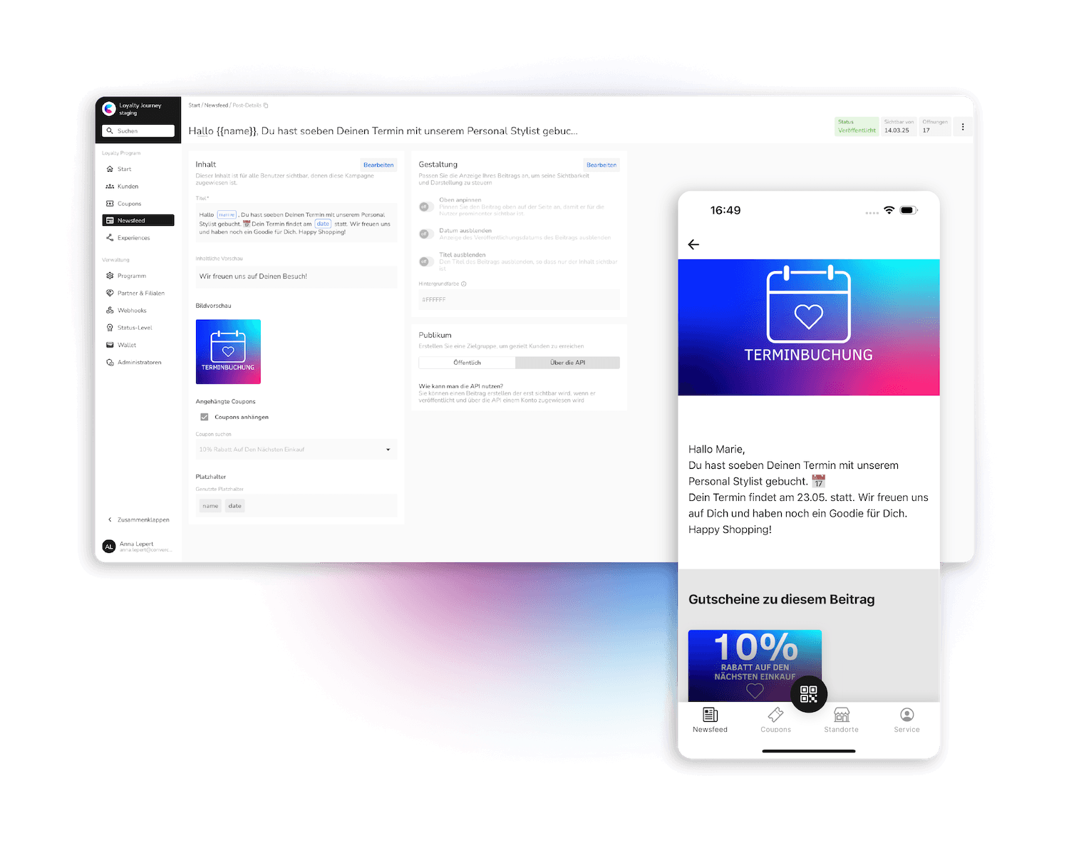 Convercus Dashboard zur Einstellung von Anzeigen im Newsfeed