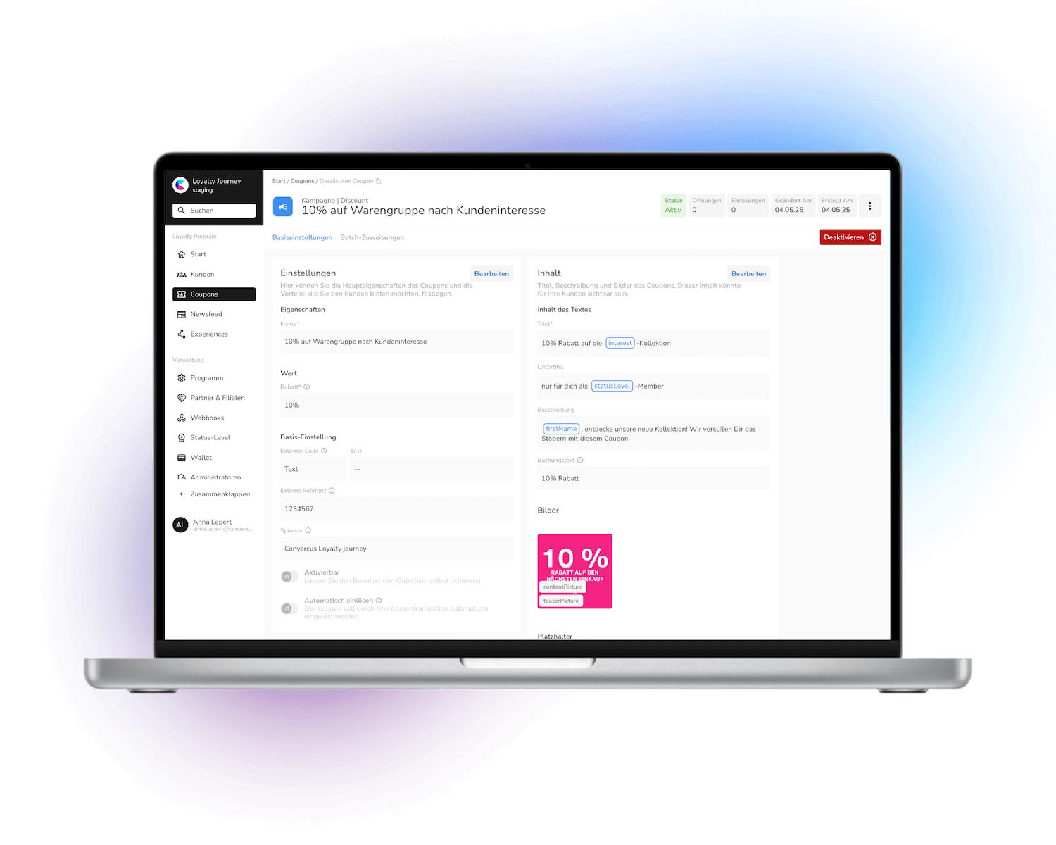 Convercus personalisierte Coupons im Dashboard einrichten
