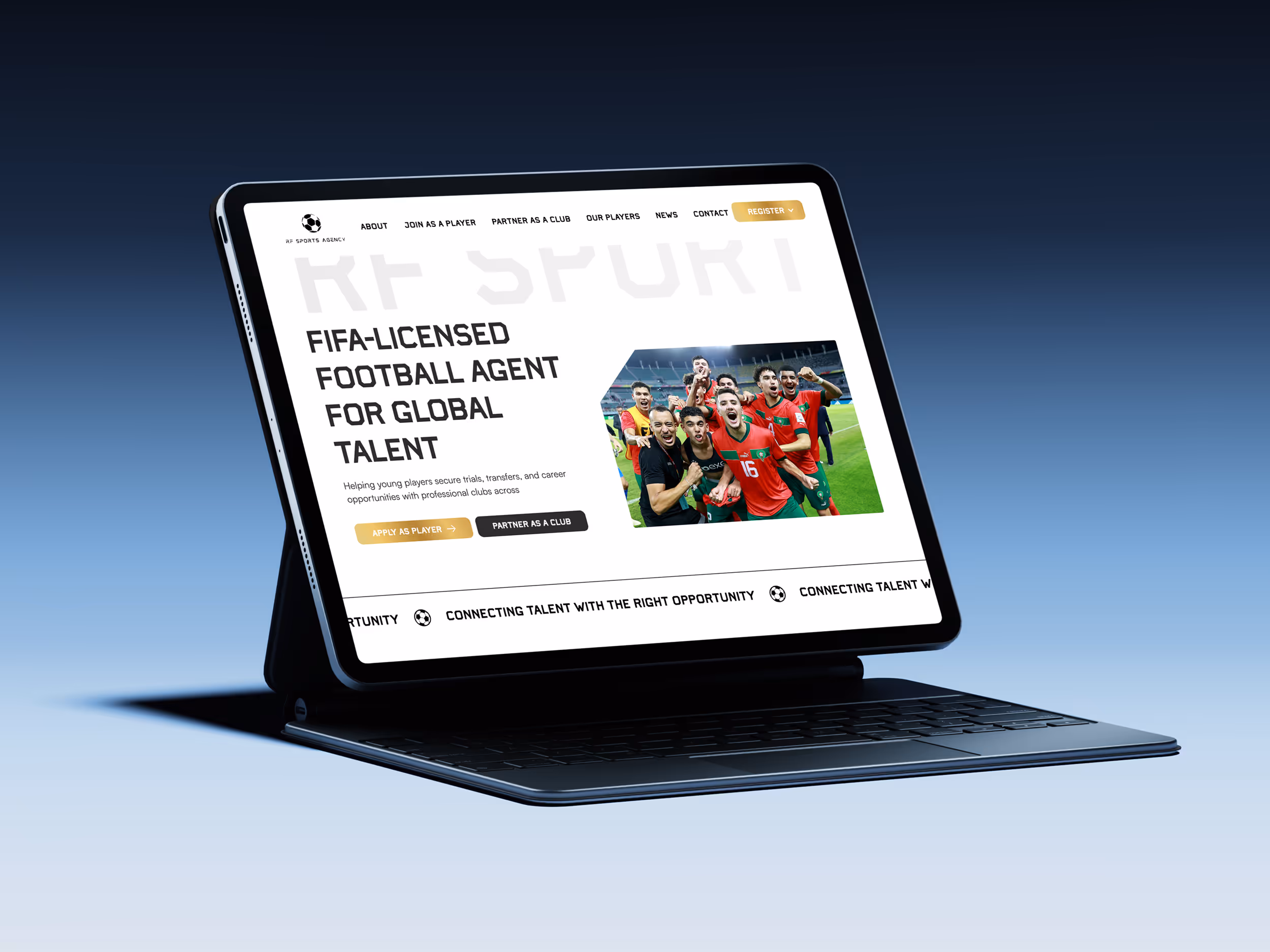 Tablet displaying RF Sports Agency website with headline about FIFA-licensed football agents and a photo of a celebrating soccer team.