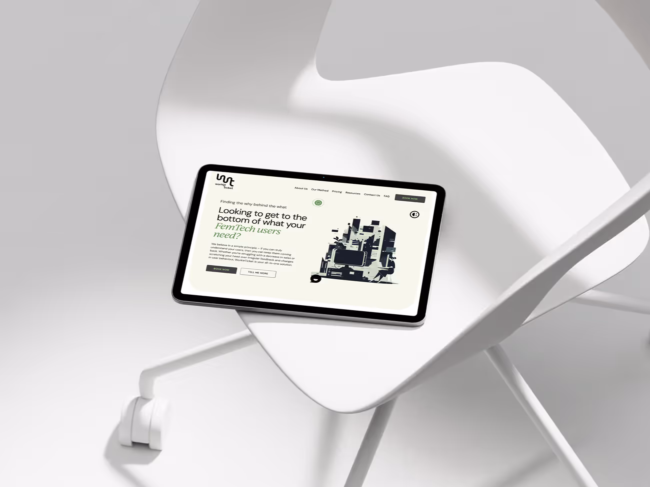 Tablet displaying WorkieTicket website screen on a white chair with wheels.