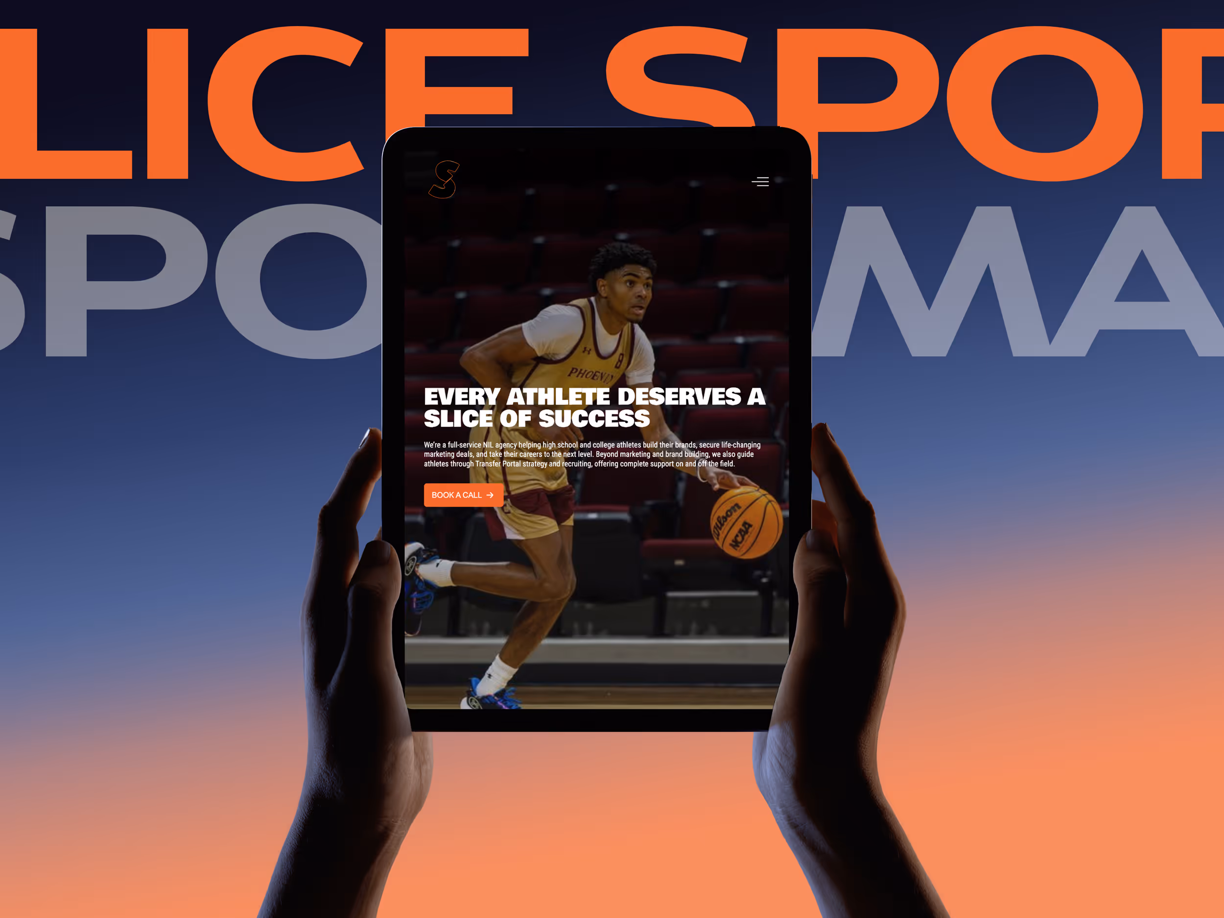 Hands holding a tablet displaying a basketball player dribbling with text about athletic success and marketing services.