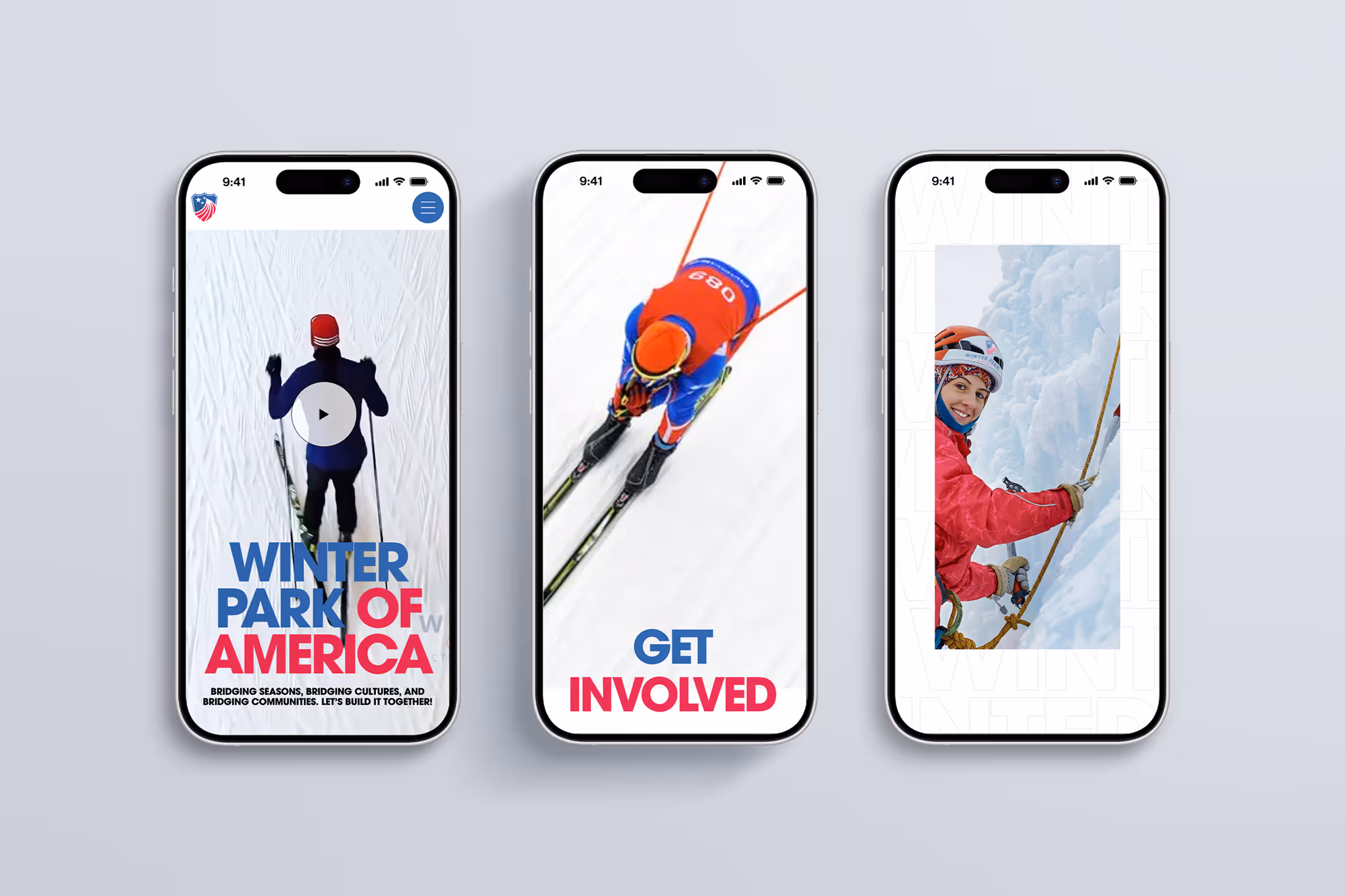 Three smartphones displaying winter sports scenes: cross-country skiing, downhill skiing with text 'Get Involved,' and ice climbing with a smiling climber.