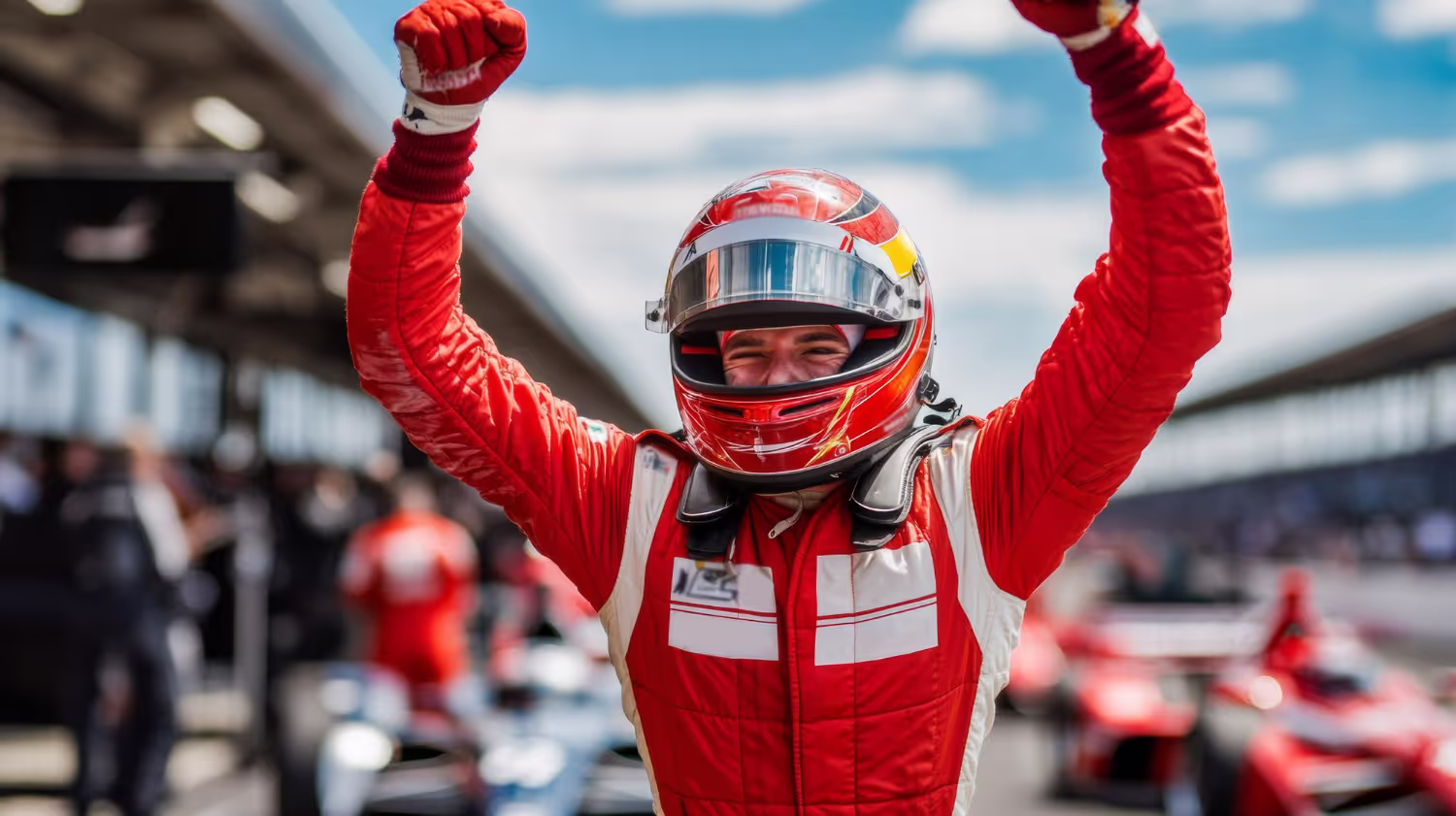 Race car driver in red racing suit and helmet raising arms in celebration at a racetrack pit lane.