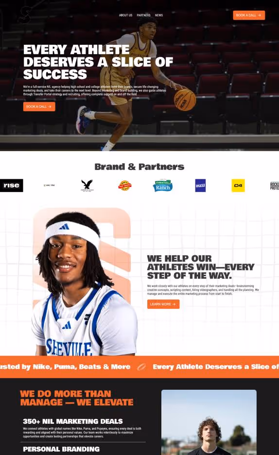 Website homepage showing a basketball player dribbling, bold text stating Every athlete deserves a slice of success, brand logos, and images of athletes with marketing and branding service details.