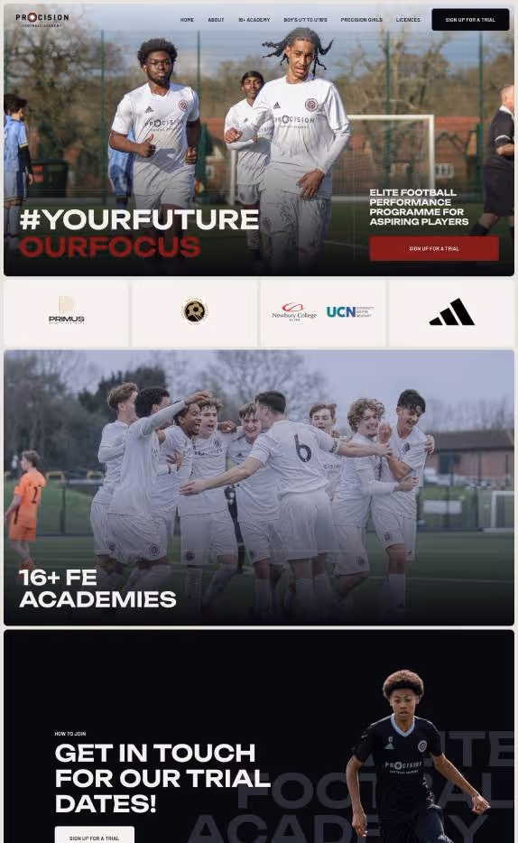 Young football players in white jerseys running and celebrating on a football pitch, promoting an elite football performance programme.