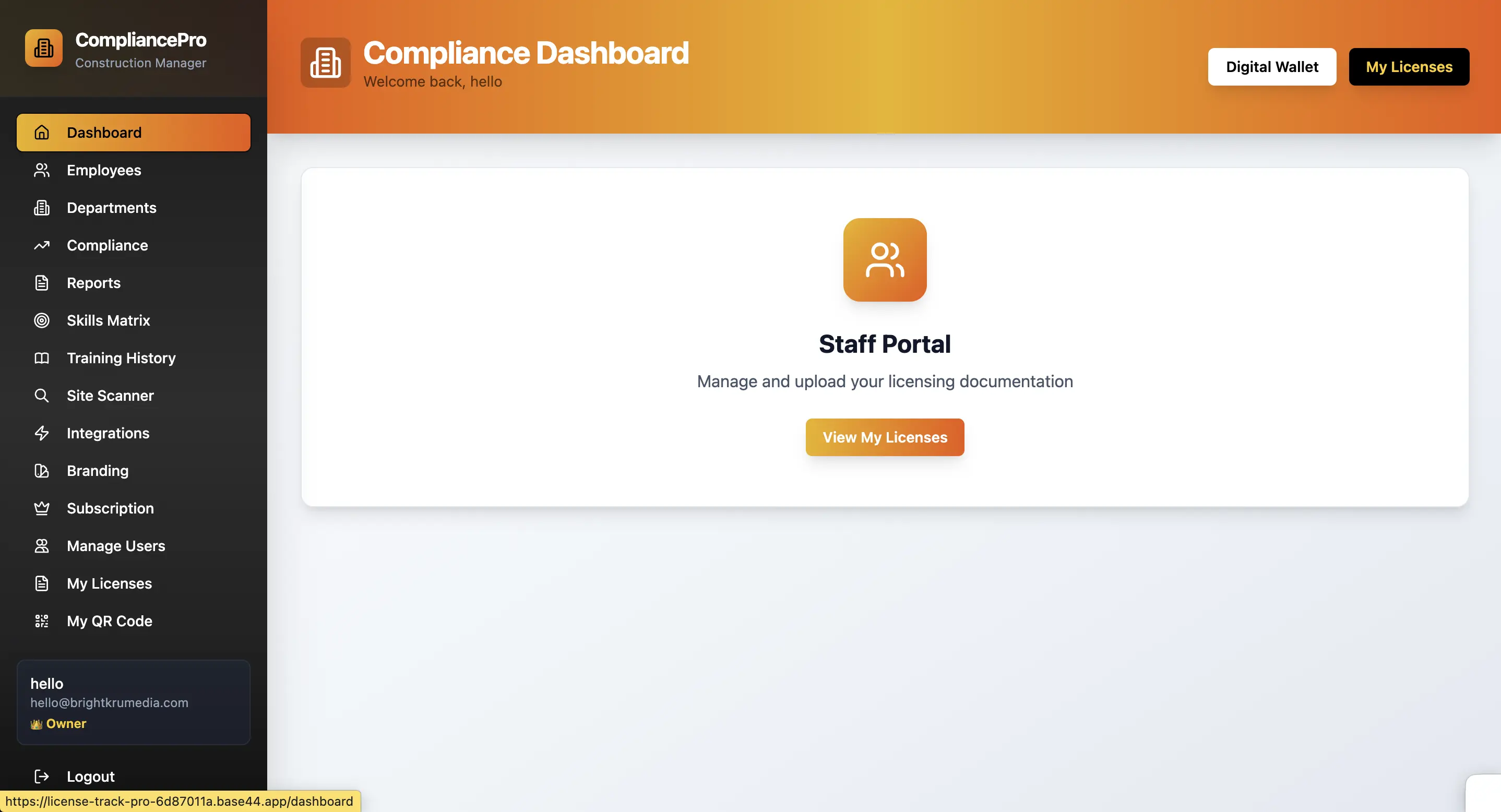 CompliancePro dashboard with navigation menu on the left and a central Staff Portal card for managing licensing documents.