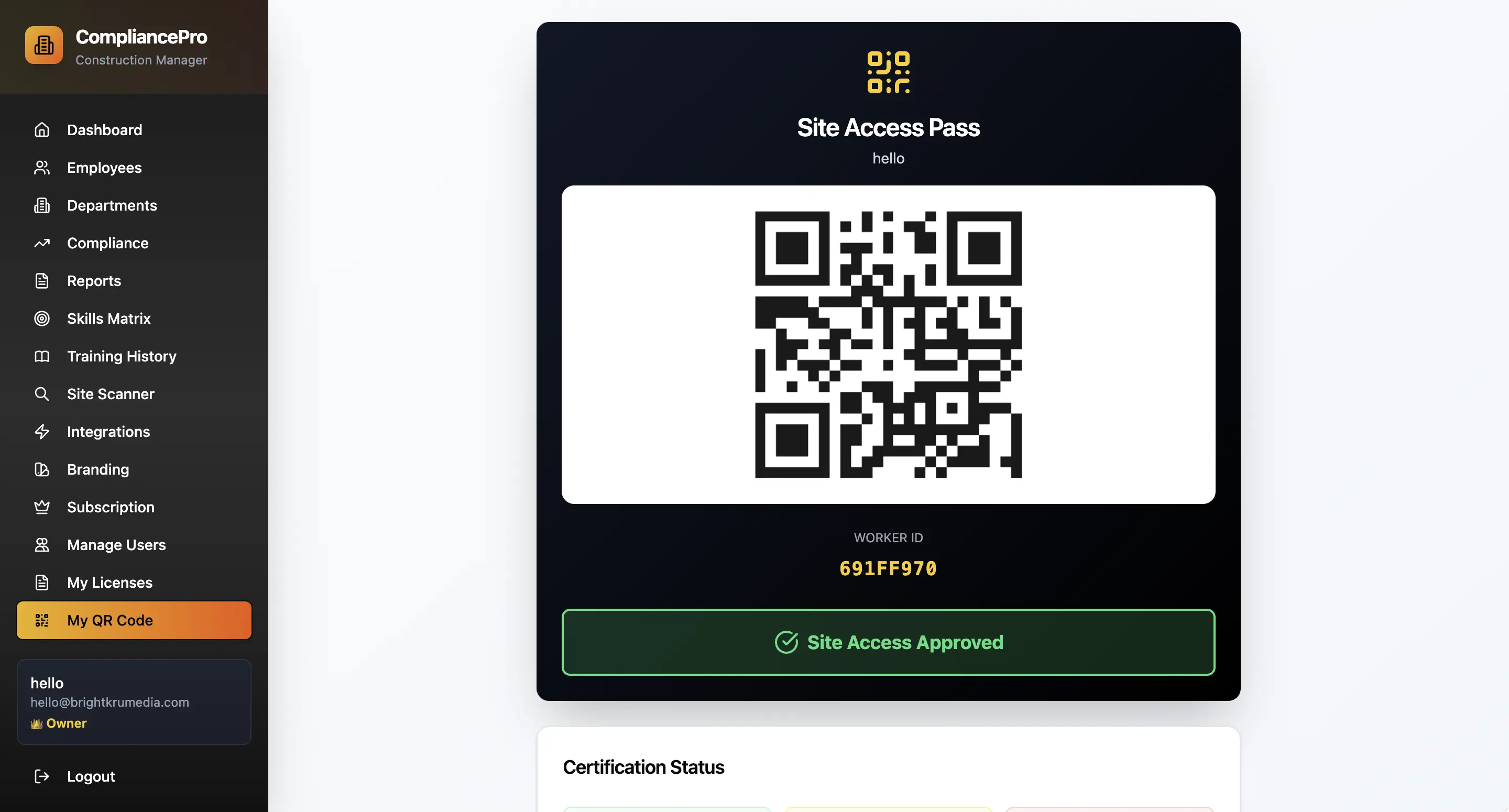 Digital site access pass with a QR code, worker ID 691FF970, and confirmation of site access approved in green.