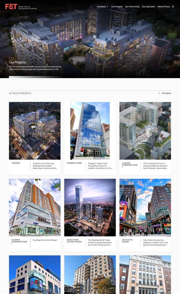 Webpage displaying F&T Group's architectural projects with images of various modern buildings and residential complexes.