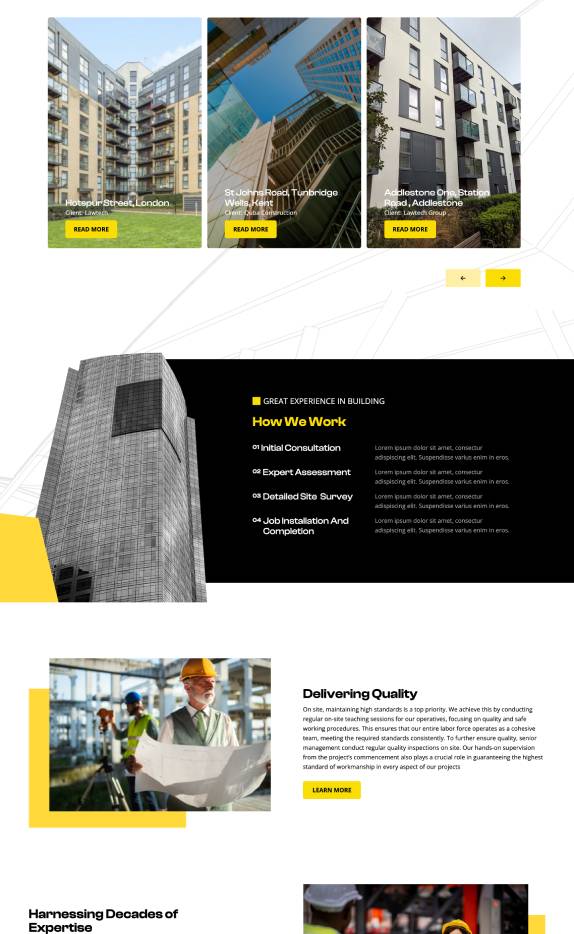 Webpage section showing three modern residential buildings with project details, a black and yellow 'How We Work' segment with a skyscraper image, and a construction worker in a yellow helmet reviewing plans in a facility.