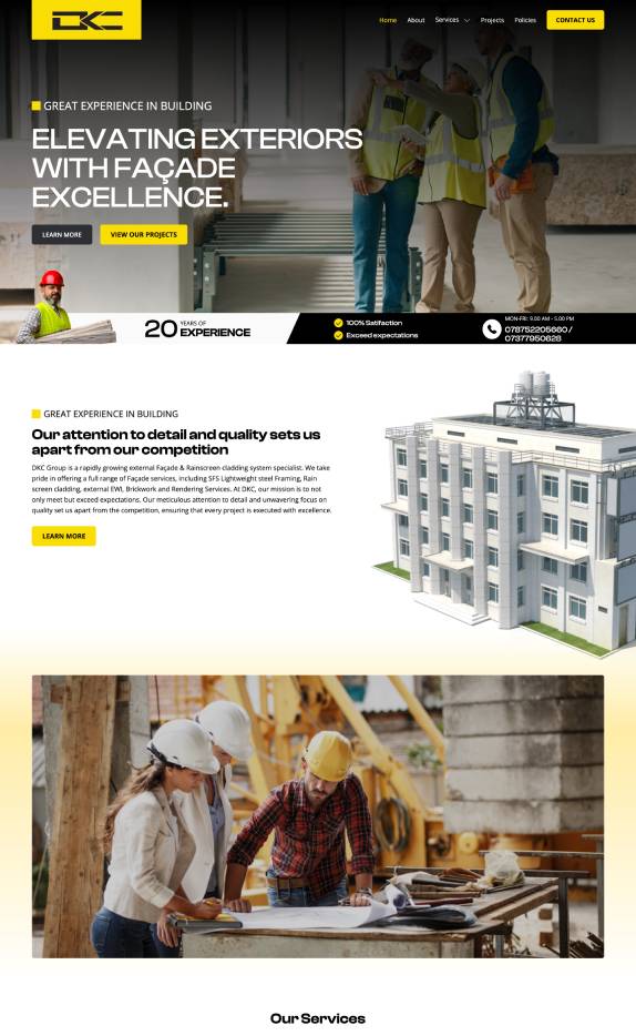 Construction professionals discussing plans at a building site with a modern building model and project information overlay.