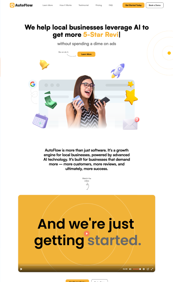 AutoFlow webpage showing a smiling woman holding a credit card and smartphone, surrounded by icons of a bell, rocket, calendar, money, stars, and email while promoting AI-driven growth for local businesses.