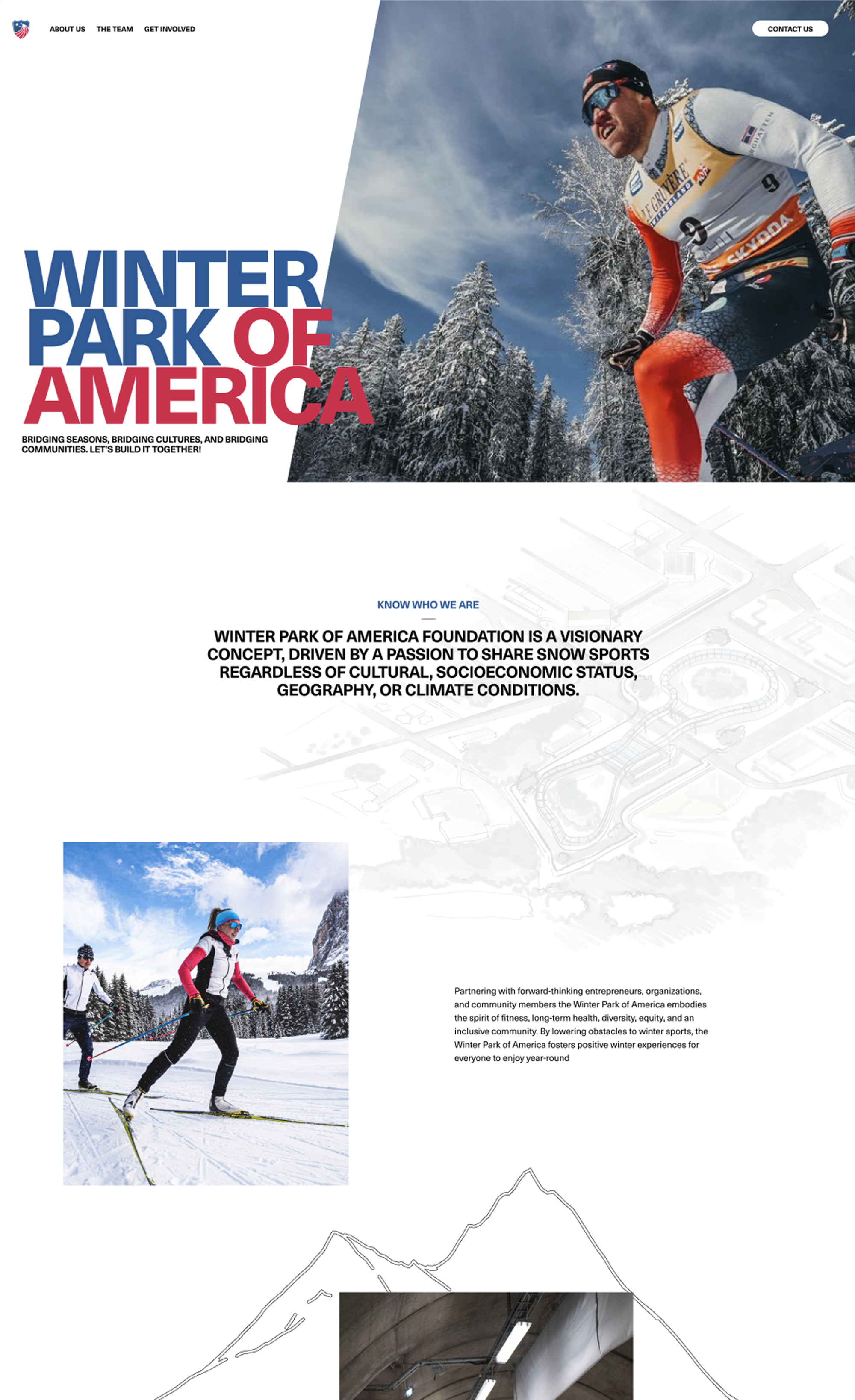 Cross-country skier in colorful gear skiing through snowy forest under blue sky.