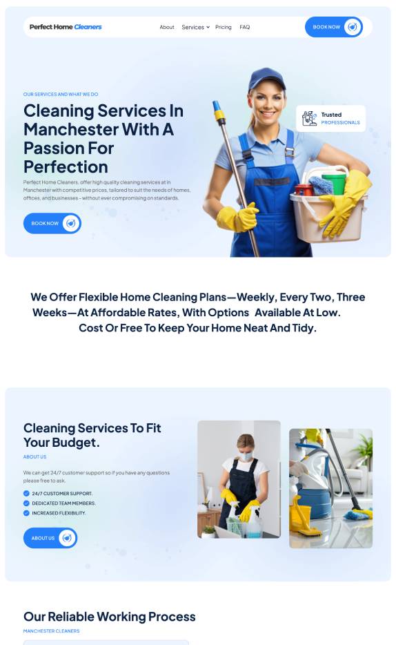 Smiling cleaner in blue uniform and yellow gloves holding a mop and bucket with cleaning supplies, promoting home cleaning services in Manchester.