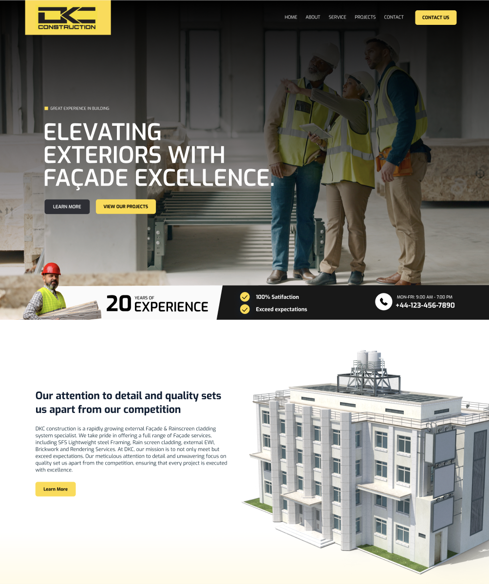 DKC Construction website homepage showing three construction workers in safety vests and helmets discussing a project inside a building under construction, alongside texts highlighting 20 years of experience and a detailed building facade design.