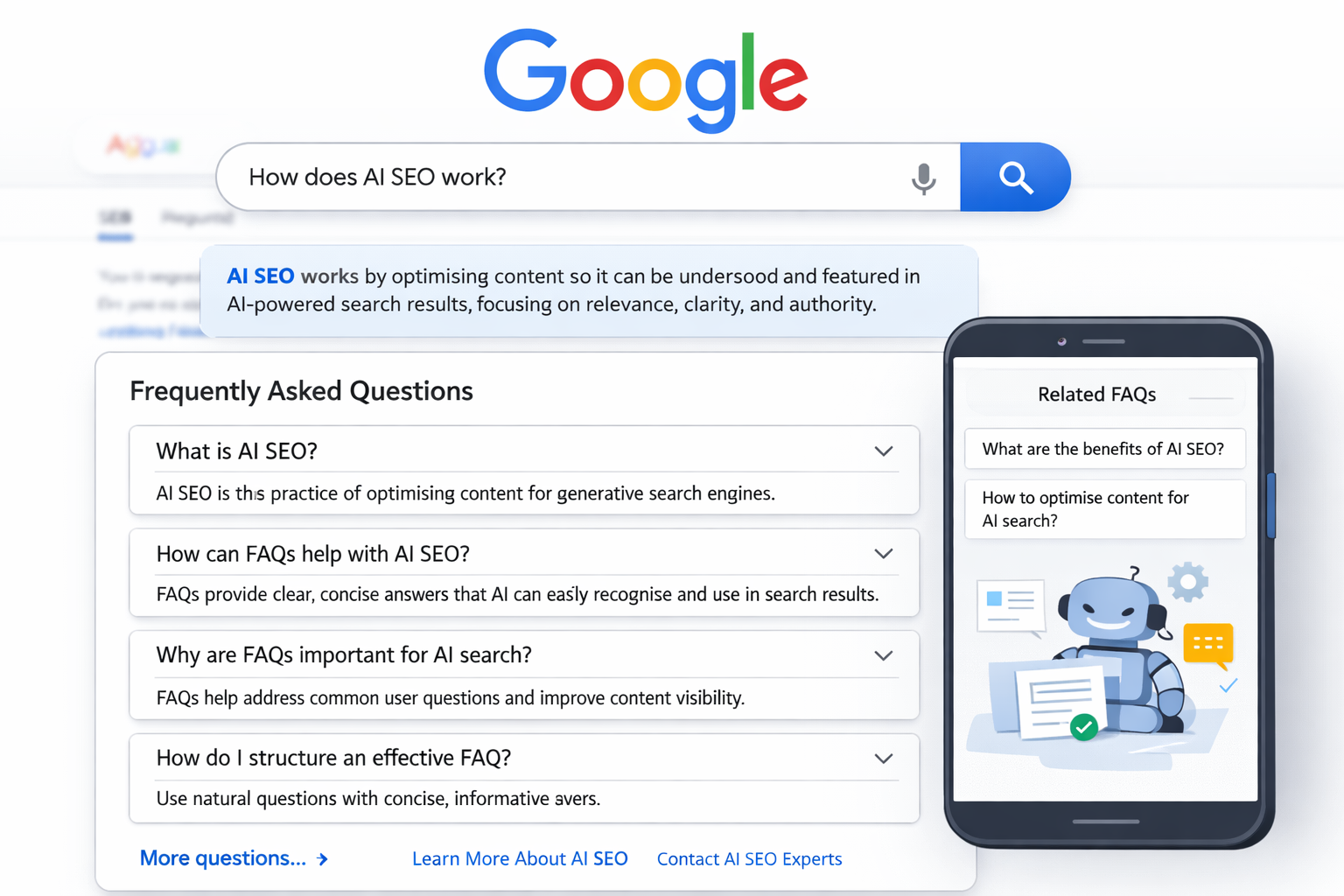 Google search page showing a query 'How does AI SEO work?' with a summary explaining AI SEO optimizes content for AI-powered search results. A FAQ section lists questions and answers about AI SEO and related benefits on a smartphone illustration with a friendly robot.