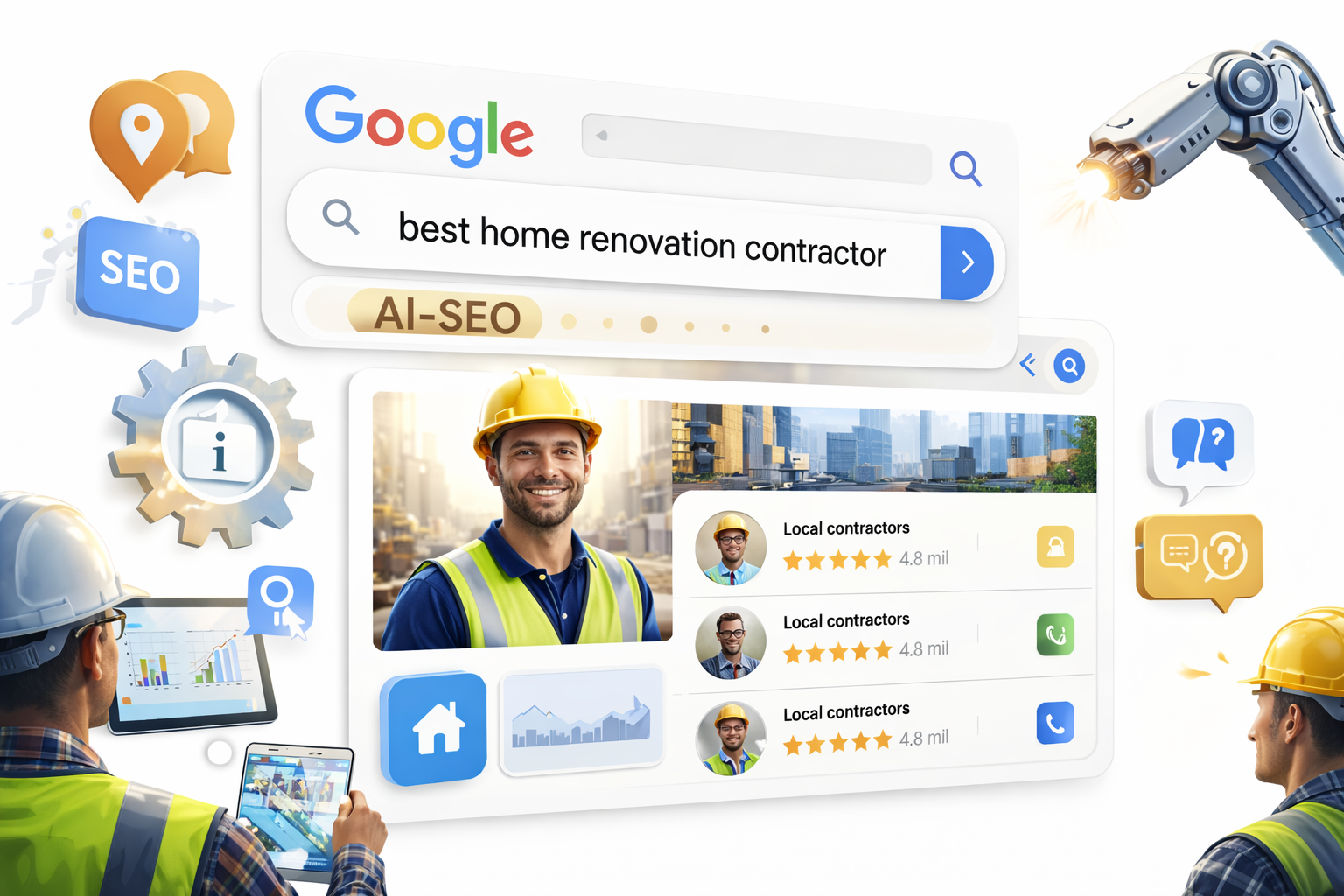 Construction workers in safety gear review digital SEO analytics and AI-driven local contractor search results for home renovation.