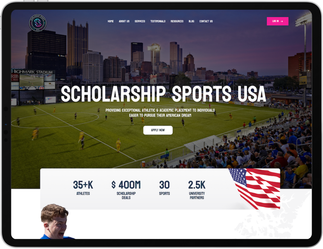 Tablet screen showing Scholarship Sports USA website with a soccer field background, city skyline, and stats on athletes, scholarship deals, sports, and university partners.