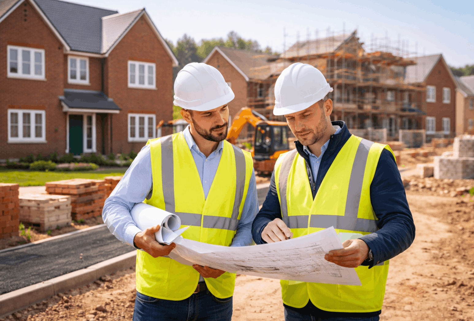 Two construction workers wearing white helmets and yellow safety vests examining blueprints at a residential building site.