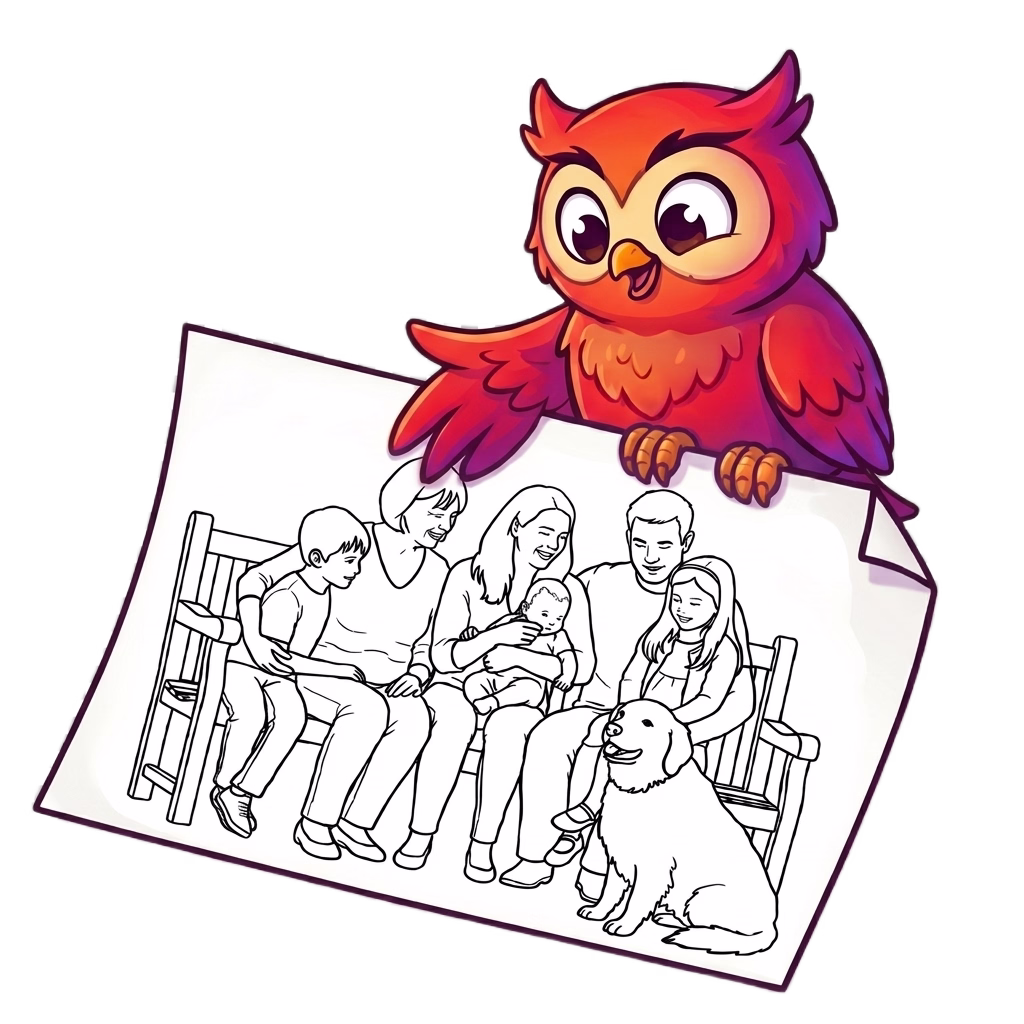 Cartoon owl holding a drawing of a family sitting on a bench with a dog in front.